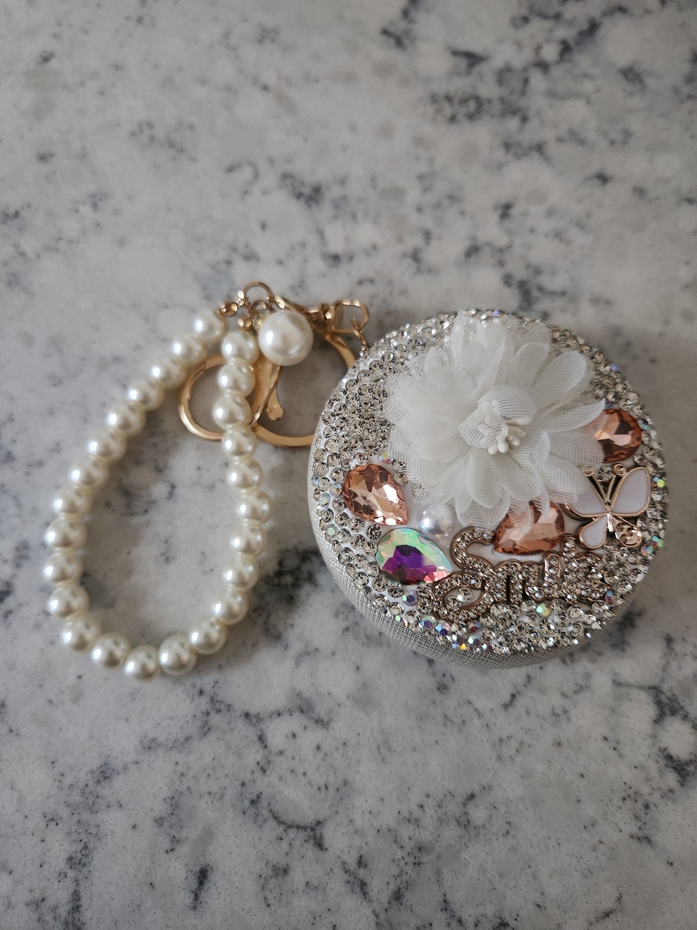 Floral Compact Mirror Keychain with Pearl Bracelet